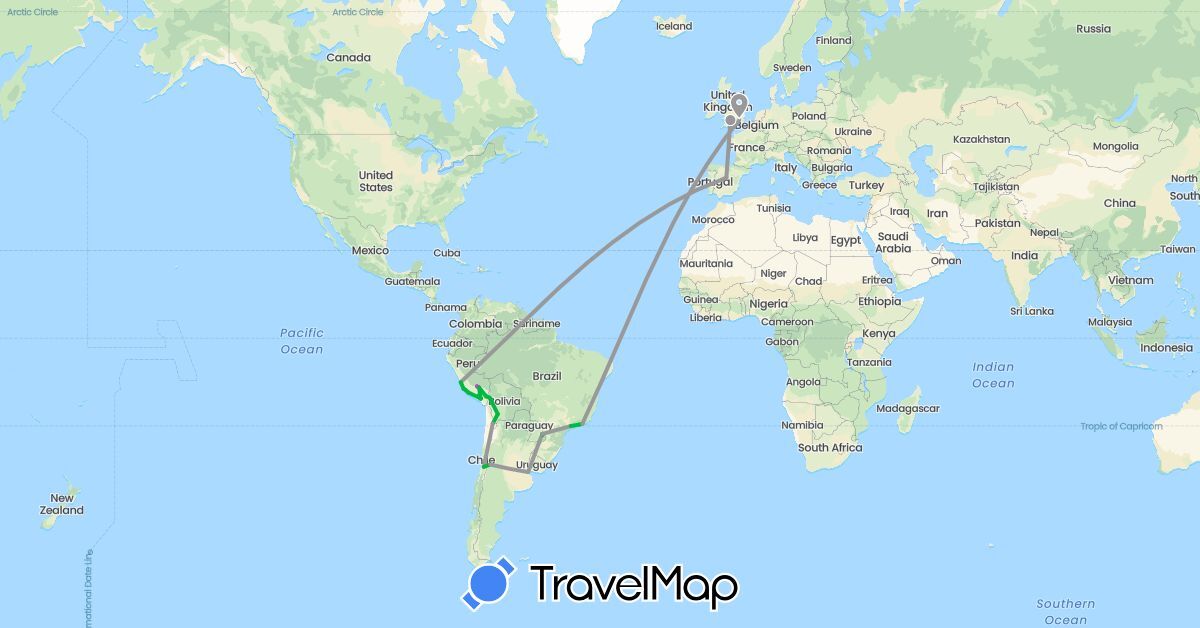 TravelMap itinerary: bus, plane, train in Argentina, Bolivia, Brazil, Chile, Spain, United Kingdom, Peru (Europe, South America)