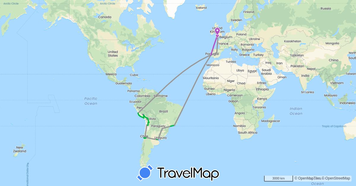 TravelMap itinerary: driving, bus, plane, train, boat in Argentina, Bolivia, Brazil, Chile, Spain, United Kingdom, Peru, Portugal, Uruguay (Europe, South America)
